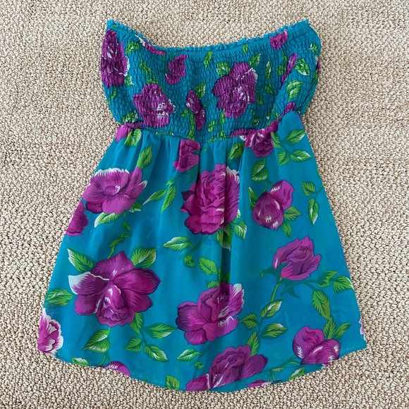 Betsey Johnson Turquoise Fuchsia Floral Silk Tube Top 0 - Picture 2 of 6